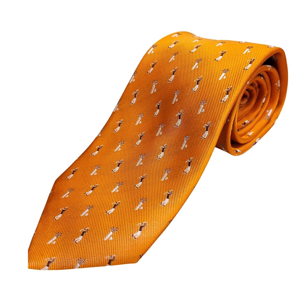 Beau Brummell SOHO 100%‎ Silk Mens Tie Orange Golf Player Pattern Tailored